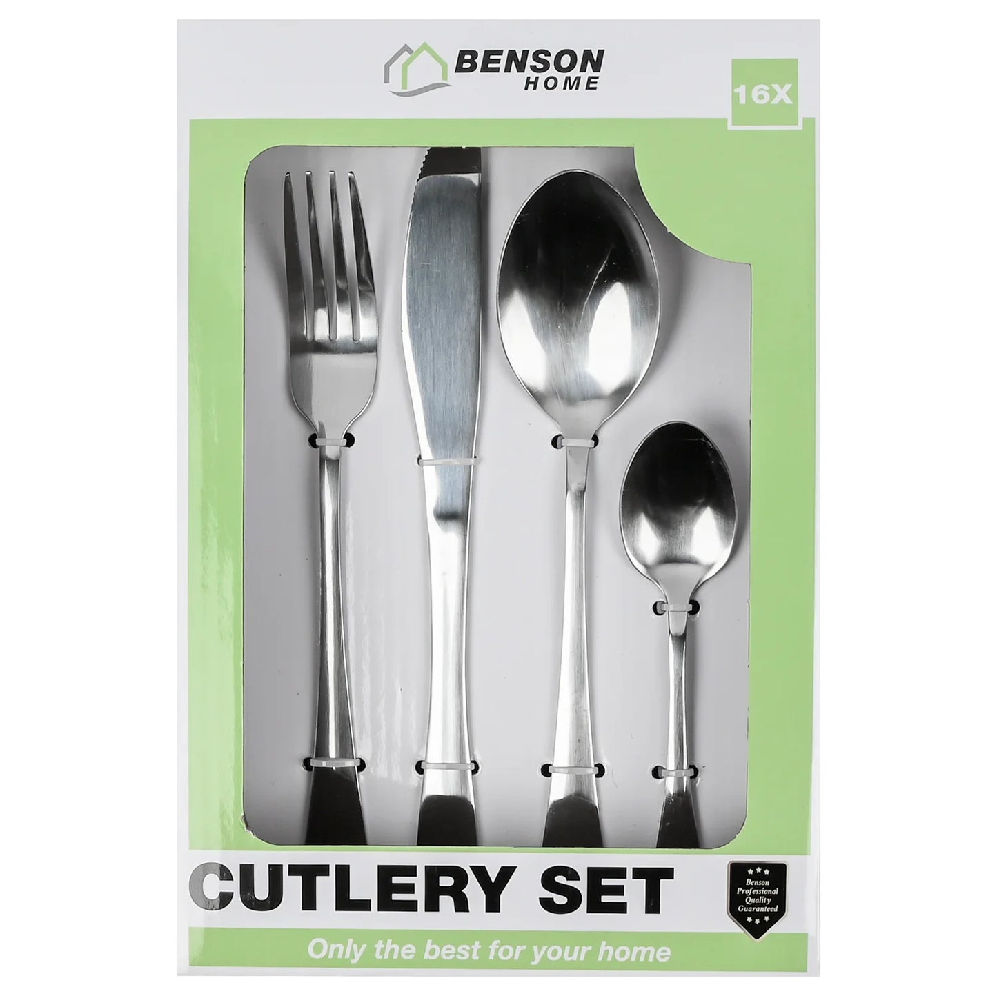 Verpackung eines 16-teiligen Bestecksets von Benson Home mit Sichtfenster, darin Messer, Gabel, Esslöffel und Teelöffel aus Edelstahl sichtbar.