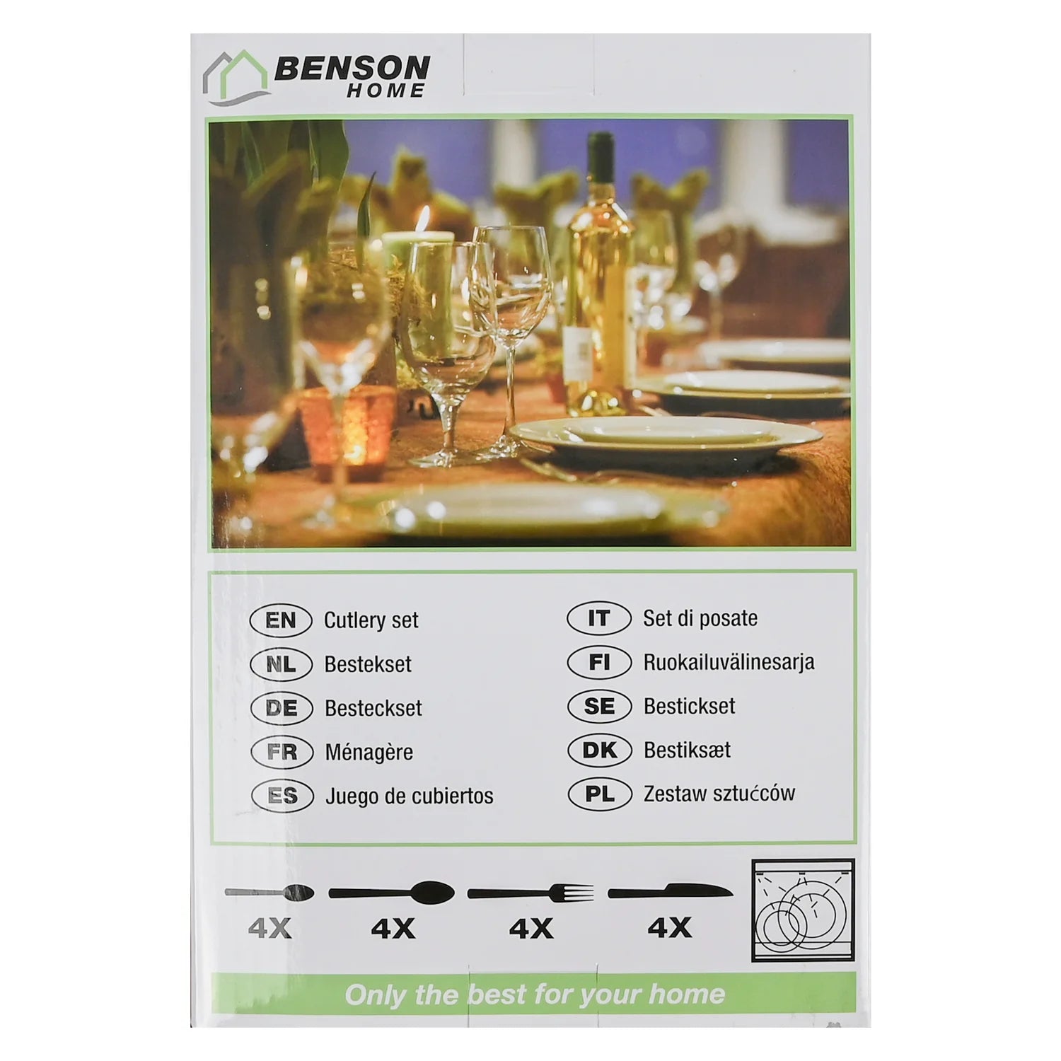 Rückseite der Verpackung des Bestecksets mit gedecktem Tischfoto und mehrsprachiger Beschreibung, darunter grafische Darstellung von vier Messern, Gabeln, Esslöffeln und Teelöffeln.