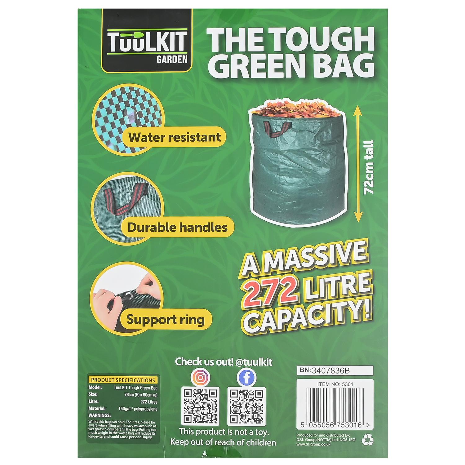 Rückseite der Verpackung mit Produktdetails: Gartensack mit 272 Litern Volumen, Höhe 72 cm, Material Polypropylen, illustriert mit Merkmalen wie Tragegriffen, Stützring und wasserabweisendem Gewebe.