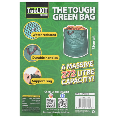 Rückseite der Verpackung mit Produktdetails: Gartensack mit 272 Litern Volumen, Höhe 72 cm, Material Polypropylen, illustriert mit Merkmalen wie Tragegriffen, Stützring und wasserabweisendem Gewebe.