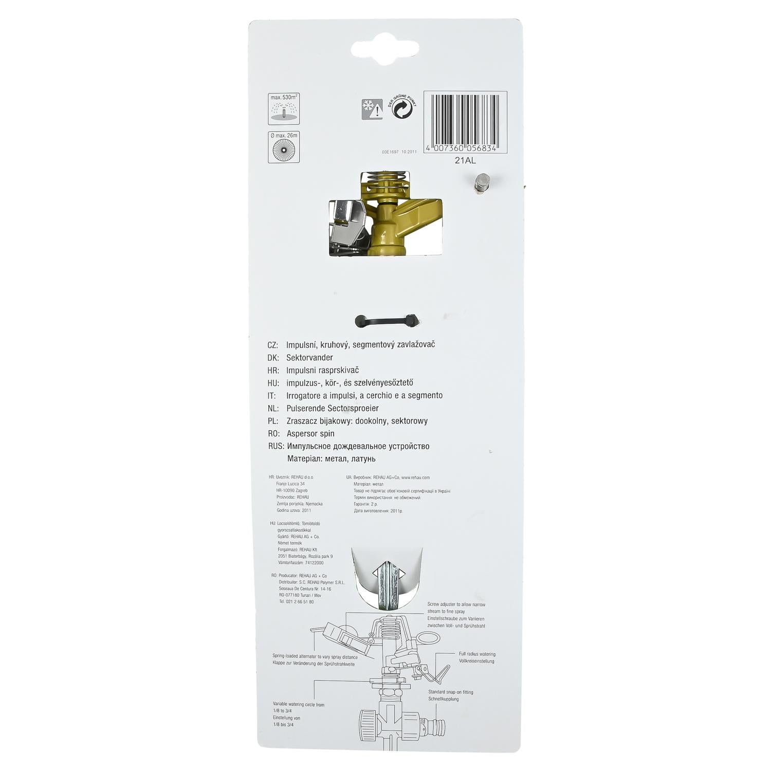 Rückseite der Blisterverpackung mit mehrsprachiger Produktbezeichnung, Herstellerinformationen und Skizze zur Funktionsweise, auf weißem Hintergrund.