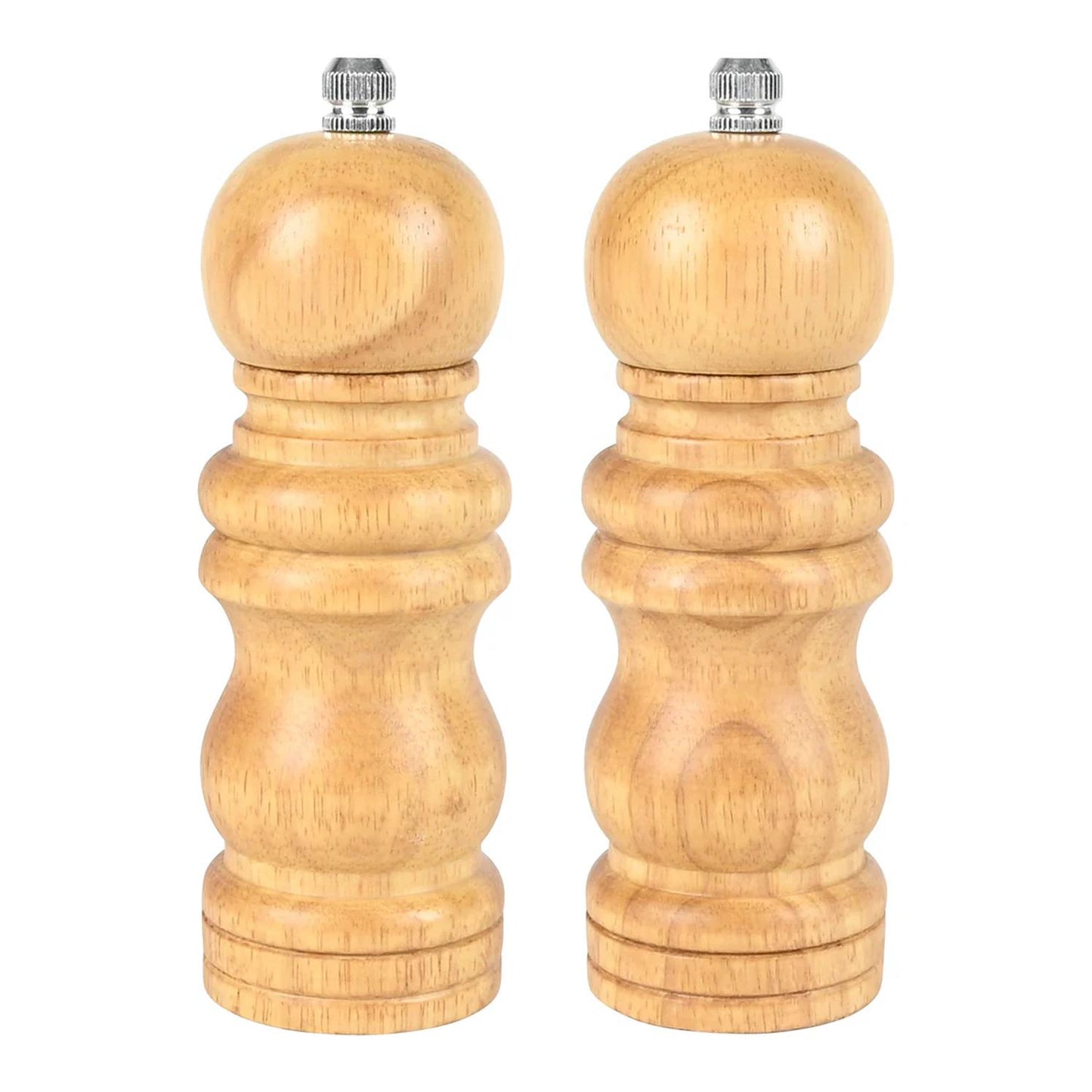Zwei identische, zylindrische Holz-Gewürzmühlen mit abgerundeter Kugelkopf-Form und silberfarbenem Metallknopf oben, nebeneinander stehend vor weißem Hintergrund.