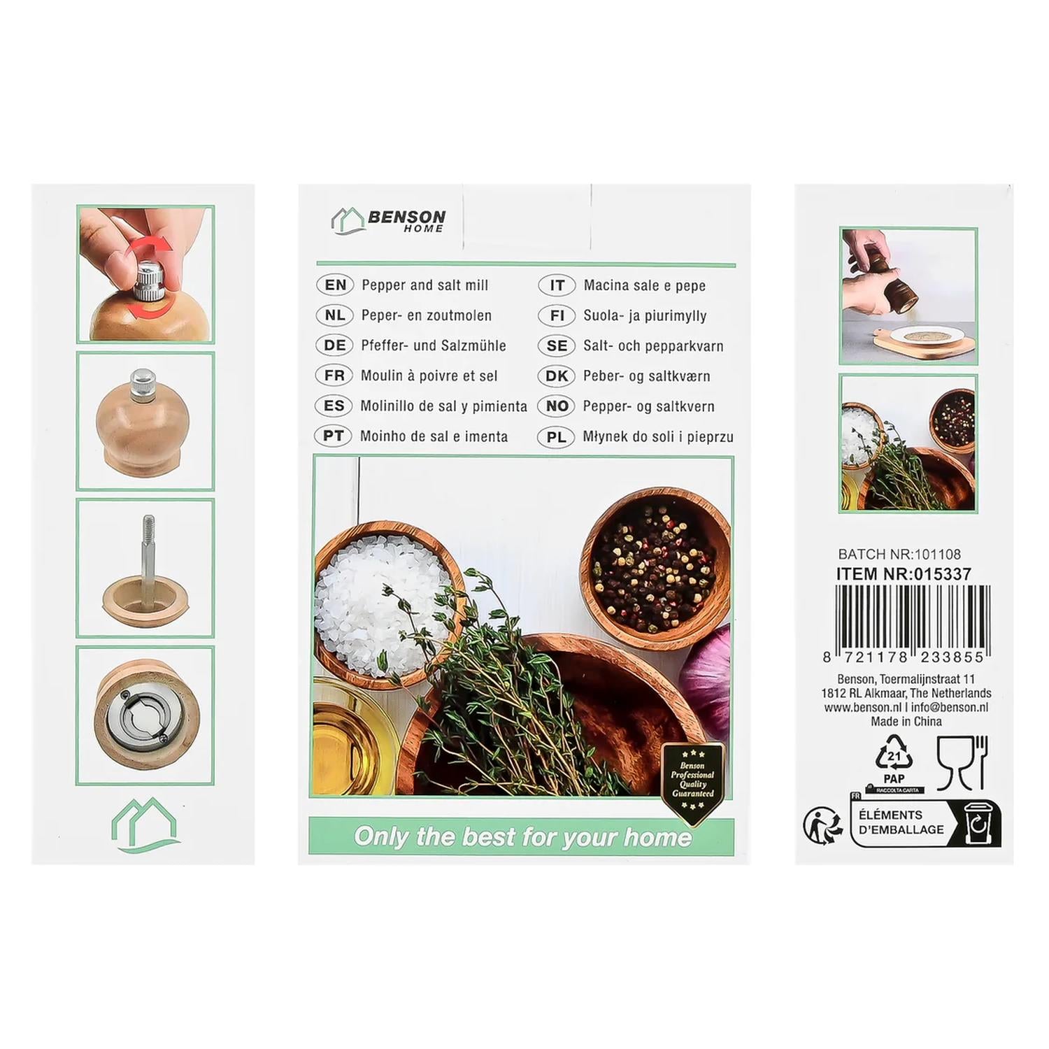 Rückseite der Verpackung für ein Set aus Holz-Pfeffer- und Salzmühlen mit mehrsprachigen Produktbezeichnungen, Detailabbildungen der Mühle, Nutzungsszenen, Barcode, Material- und Herstellerangaben auf weißem Hintergrund.