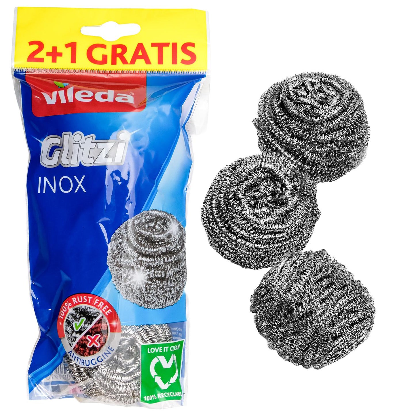 Verpackung mit drei spiralförmigen Topfreinigern aus Edelstahl, sichtbar neben der Verpackung mit Aufschrift „Glitzi INOX“ und „2+1 gratis“.