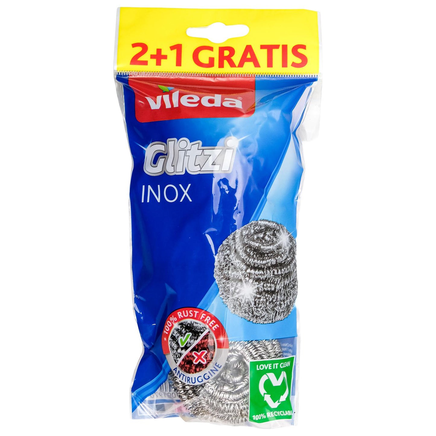 Verpackung mit drei Topfreinigern aus Edelstahl und Aufschrift „Glitzi INOX“ sowie Hinweis „2+1 gratis“, freigestellt auf weißem Hintergrund.