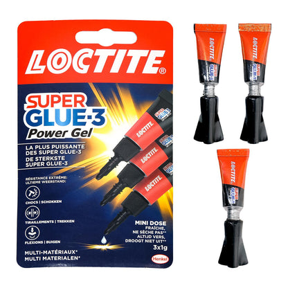 Verpackung mit drei Tuben Sekundenkleber „Super Glue-3 Power Gel“ mit rotem und schwarzem Design sowie Produktabbildung auf Vorderseite.