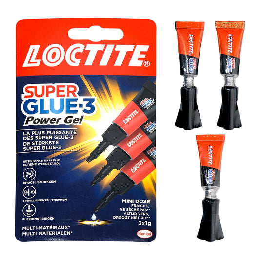 Verpackung mit drei Tuben Sekundenkleber „Super Glue-3 Power Gel“ mit rotem und schwarzem Design sowie Produktabbildung auf Vorderseite.
