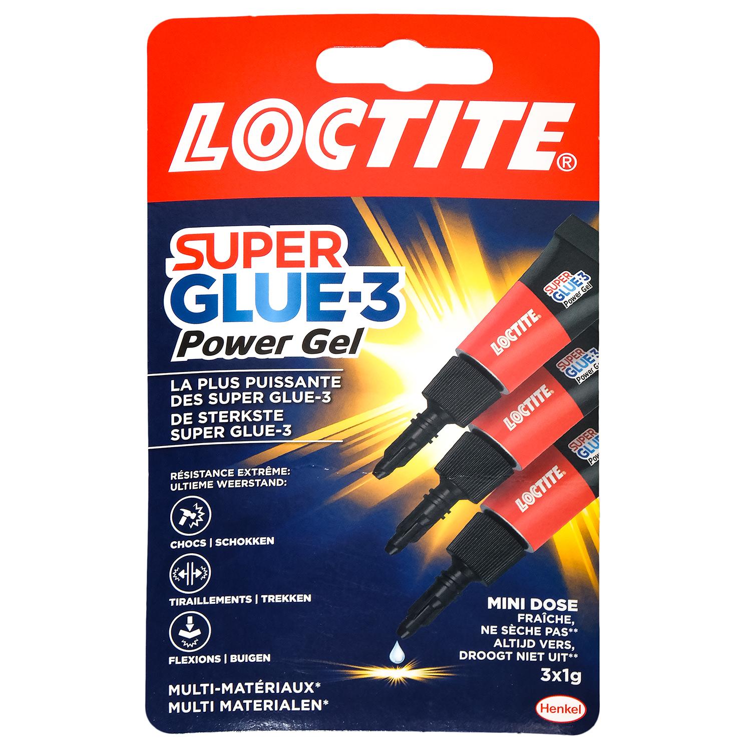 Vorderseite einer Verpackung für Sekundenkleber „Super Glue-3 Power Gel“ mit rotem Kopfbereich, Produktabbildung und mehreren Tuben.