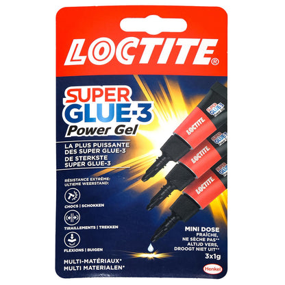 Vorderseite einer Verpackung für Sekundenkleber „Super Glue-3 Power Gel“ mit rotem Kopfbereich, Produktabbildung und mehreren Tuben.