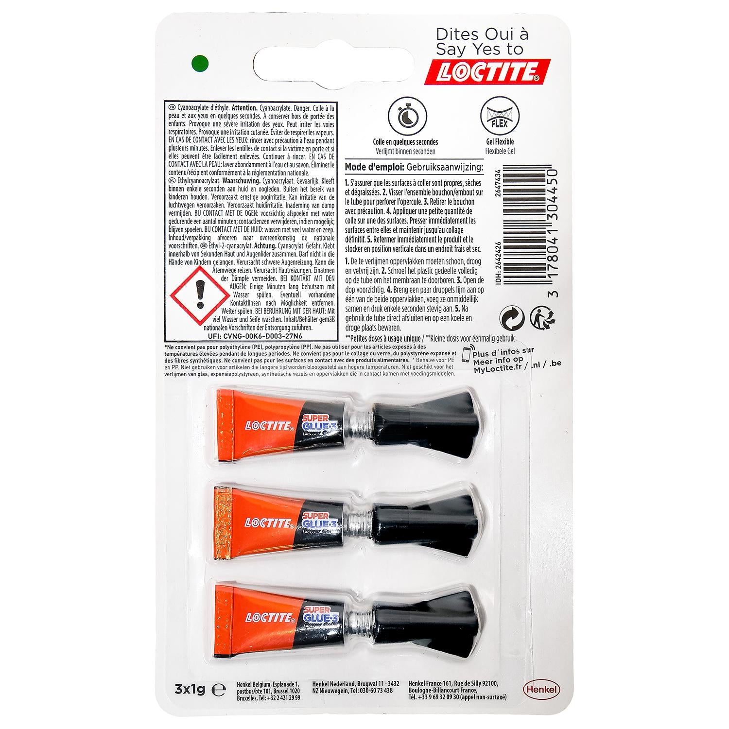 Rückseite einer Verpackung für Sekundenkleber mit drei sichtbaren Tuben in Kunststoffhalterung, Textfeldern, Symbolen und Barcode.