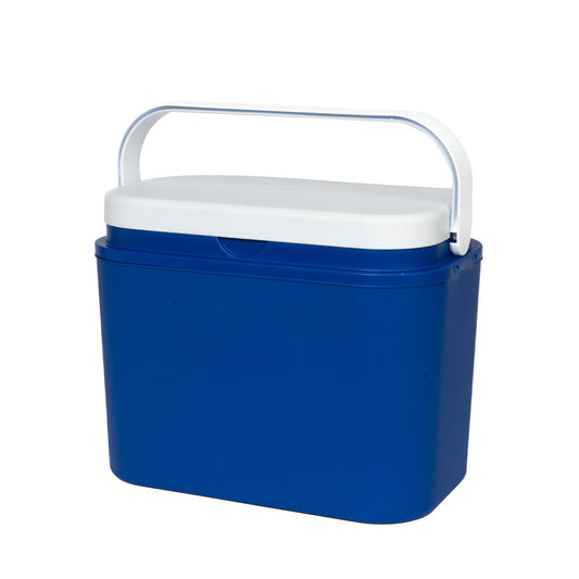Rechteckige blaue Kühlbox mit weißem Deckel und Tragegriff, der über den Deckel geklappt ist.