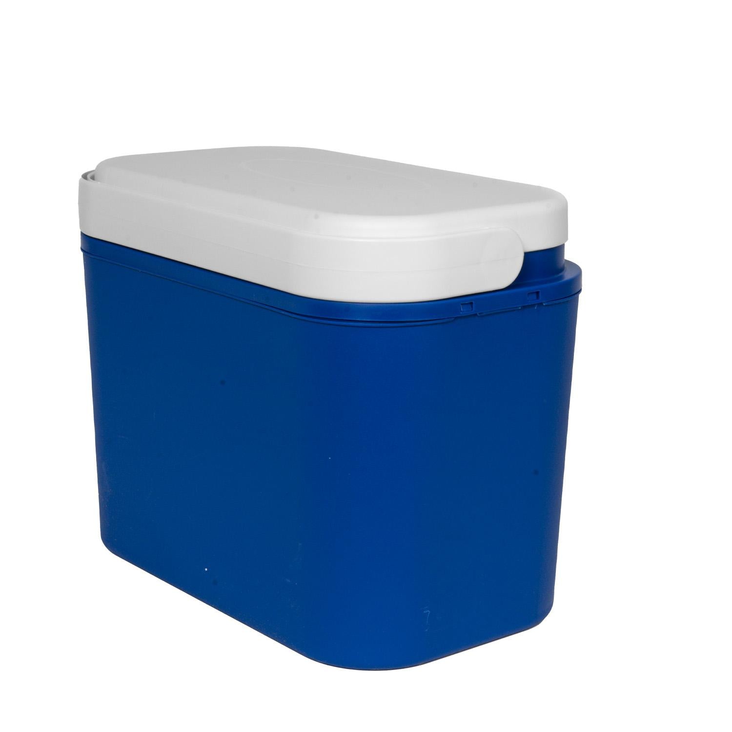 Blaue Kühlbox mit weißem Deckel, leicht schräg von hinten fotografiert, Griff nicht sichtbar.