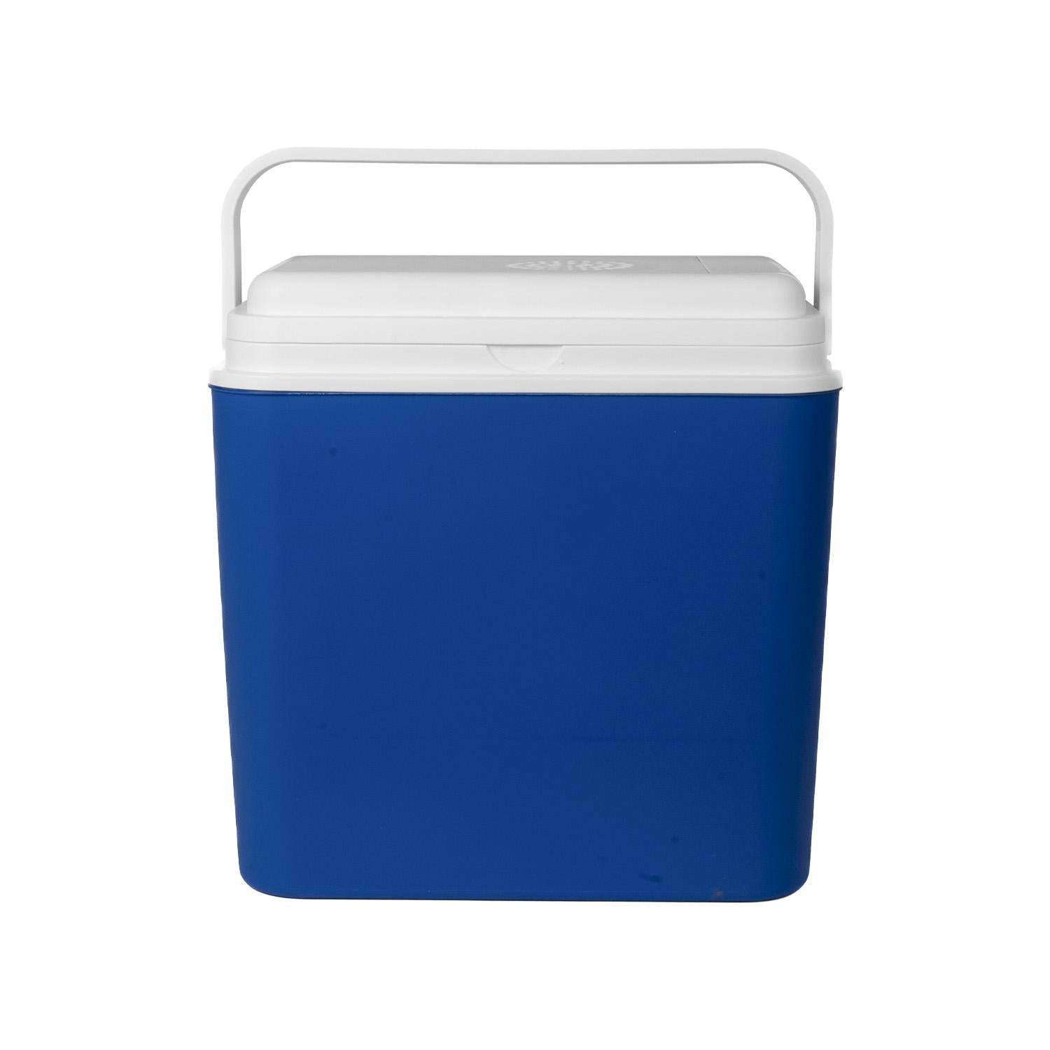 Vorderansicht einer blauen Kühlbox mit weißem Deckel und hochgestelltem Tragegriff.