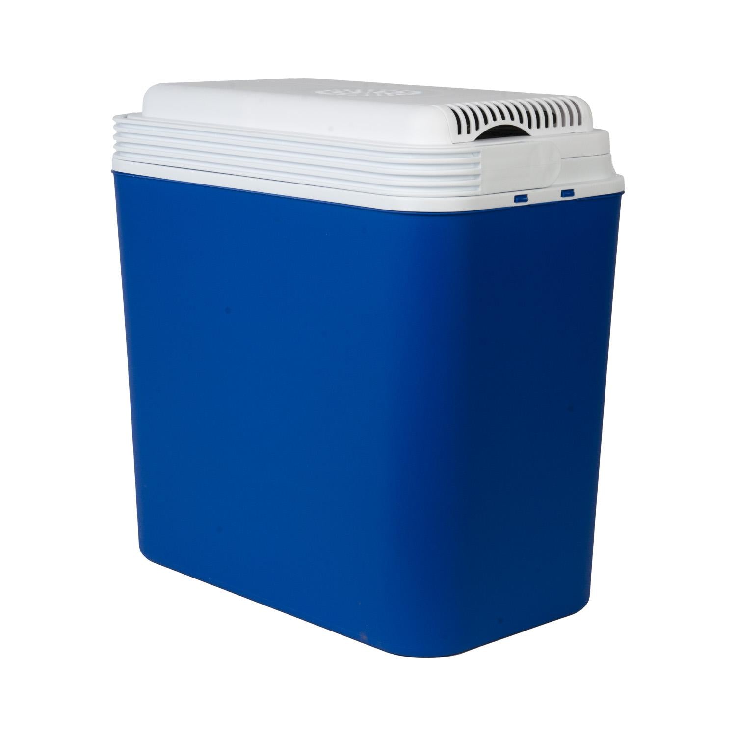 Blaue elektrische Kühlbox mit geschlossenem weißem Deckel, seitlich fotografiert.