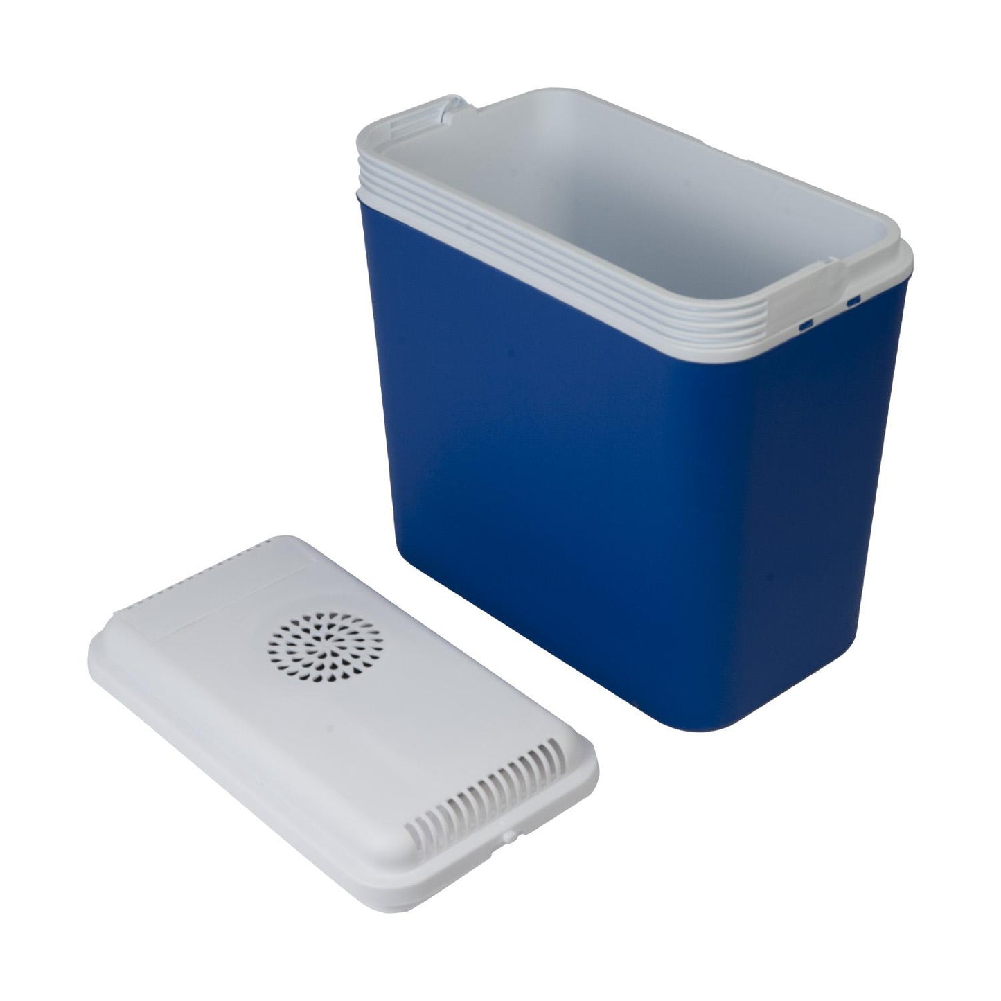 Geöffnete blaue Kühlbox mit abgenommenem weißen Deckel, Innenraum sichtbar.