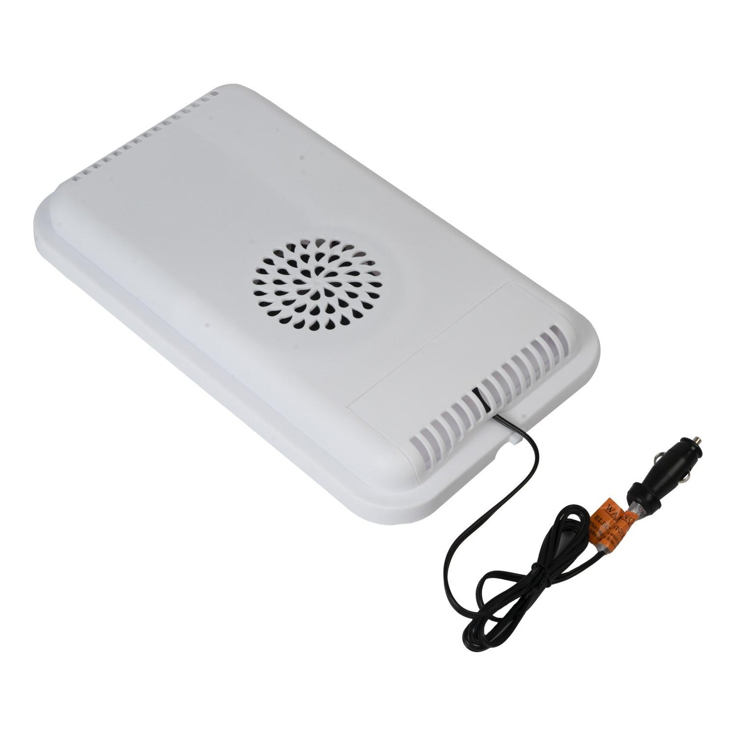 Weißer Kühlbox-Deckel mit Lüftungsschlitzen, integriertem Lüfter und Stromkabel mit 12-Volt-Kfz-Stecker.