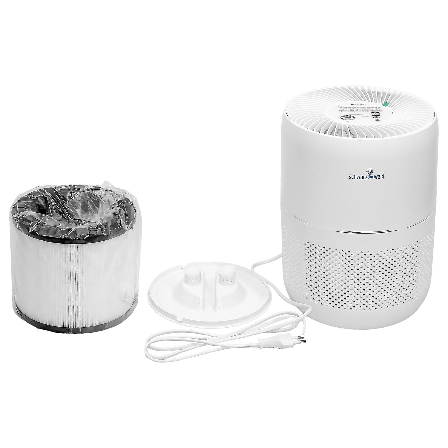 Luftreiniger-Set bestehend aus weißem zylindrischem Luftreiniger, separat liegendem zylindrischem Filter (in Folie verpackt), abnehmbarer Bodenabdeckung und weißem Netzkabel mit Stecker, vor weißem Hintergrund.