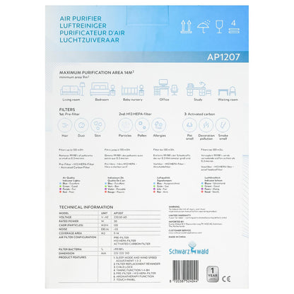 Rückseite der Verpackung eines Luftreinigers Modell AP1207 mit übersichtlicher Infografik zu Einsatzbereichen (Wohnzimmer, Schlafzimmer, Büro), dreistufigem Filtersystem (Vorfilter, H13-HEPA-Filter, Aktivkohlefilter), maximaler Reinigungsfläche bis 14 m² 