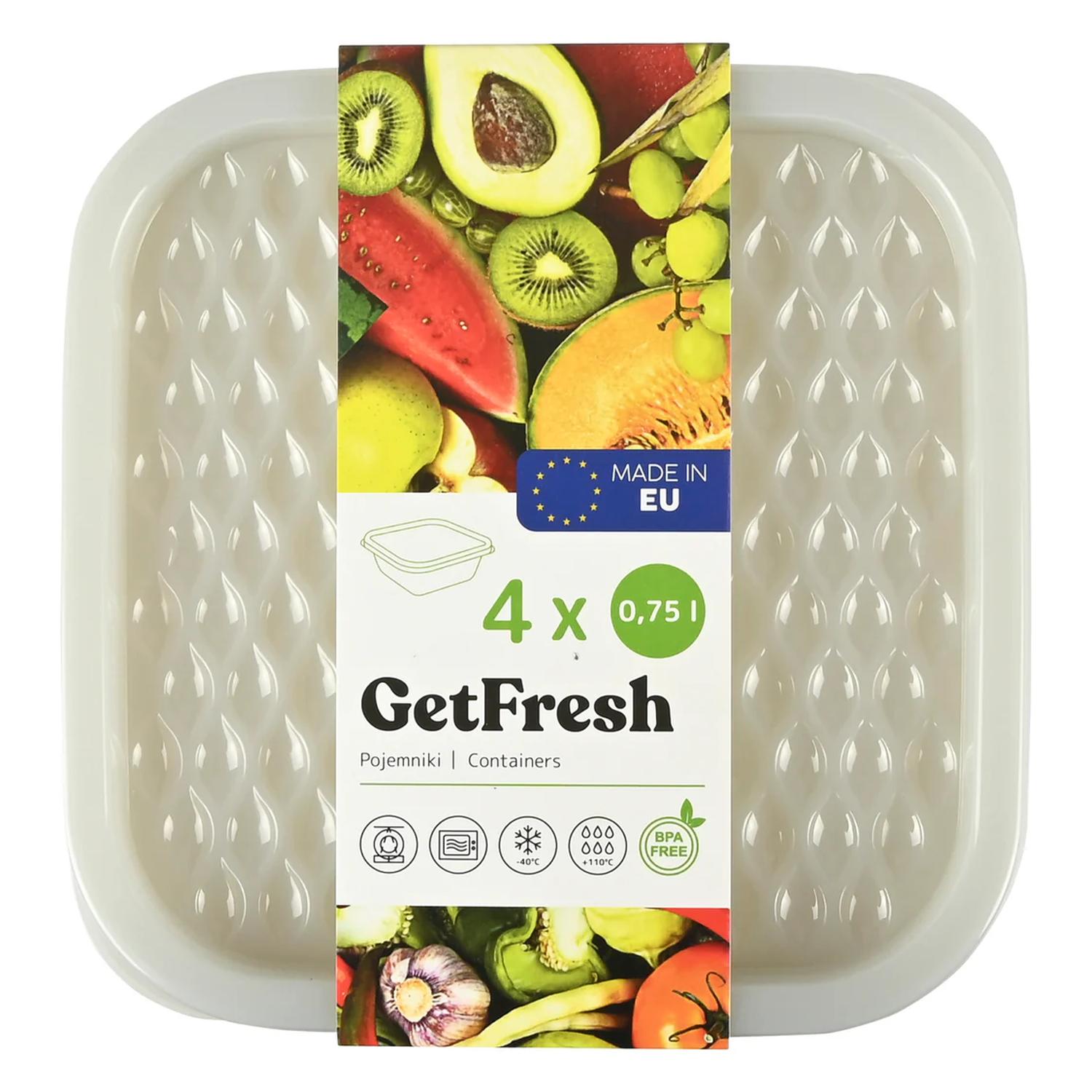 Verpacktes Set aus vier rechteckigen, transparenten Frischhaltedosen mit Deckeln, zusammengehalten von einer Papierbanderole mit „GetFresh“-Logo, Obst- und Gemüseabbildungen, EU-Herkunftskennzeichnung und Angabe „4 × 0,75 l“.