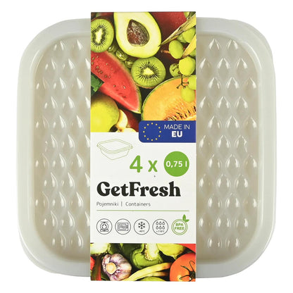Verpacktes Set aus vier rechteckigen, transparenten Frischhaltedosen mit Deckeln, zusammengehalten von einer Papierbanderole mit „GetFresh“-Logo, Obst- und Gemüseabbildungen, EU-Herkunftskennzeichnung und Angabe „4 × 0,75 l“.