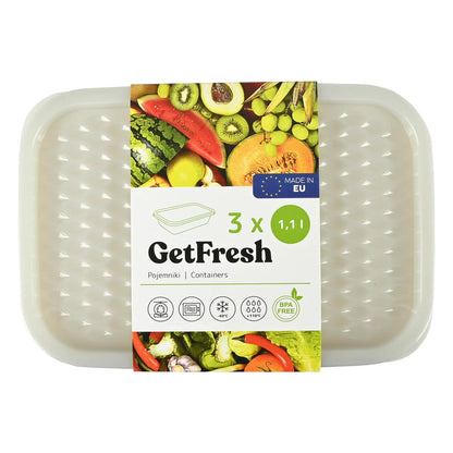 Verpacktes Set aus drei rechteckigen, transparenten Frischhaltedosen mit Deckel, zusammengehalten von einer Papierbanderole mit „GetFresh“-Logo, Obst- und Gemüseabbildungen sowie Angaben zu Fassungsvermögen und BPA-Freiheit.