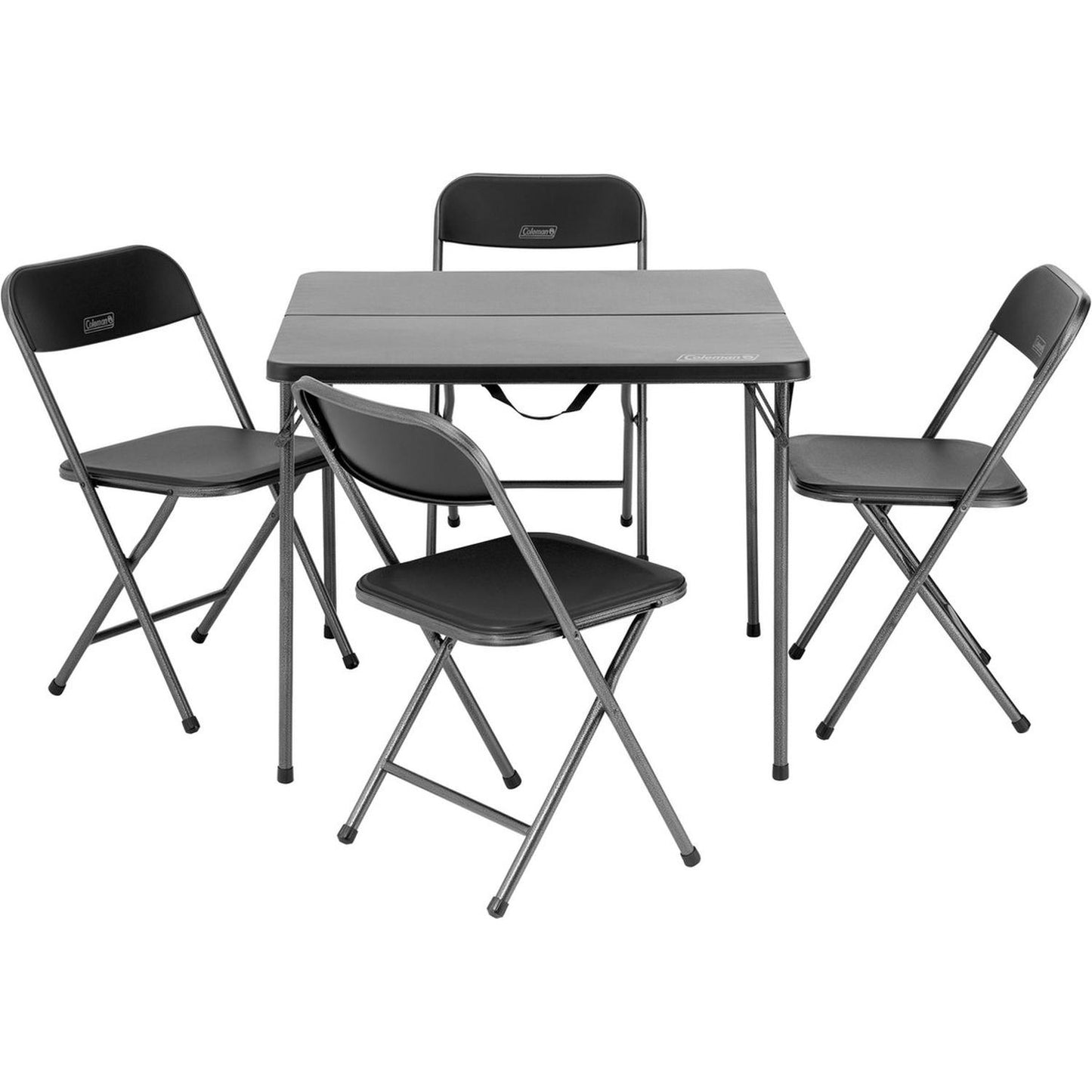 Schwarzes klappbares Campingtisch-Set mit rechteckigem Tisch und vier klappbaren Stühlen aus Metall und Kunststoff, freistehend aufgebaut vor weißem Hintergrund.