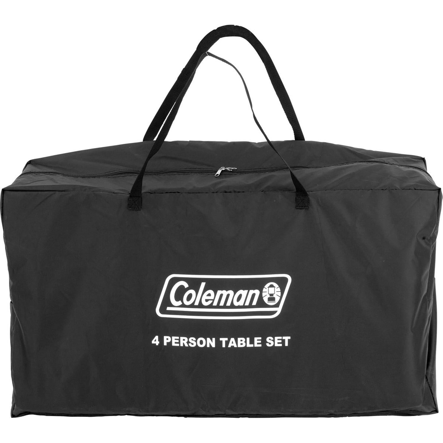 Schwarze Transporttasche mit Reißverschluss und zwei Tragegriffen, bedruckt mit „Coleman 4 Person Table Set“, freigestellt vor weißem Hintergrund.