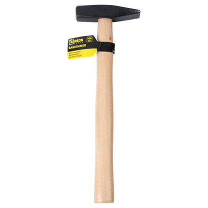 Bankhammer mit Holzstiel und schwarzem Kopf, senkrecht dargestellt mit gelb-schwarzem Etikett an der Befestigung.