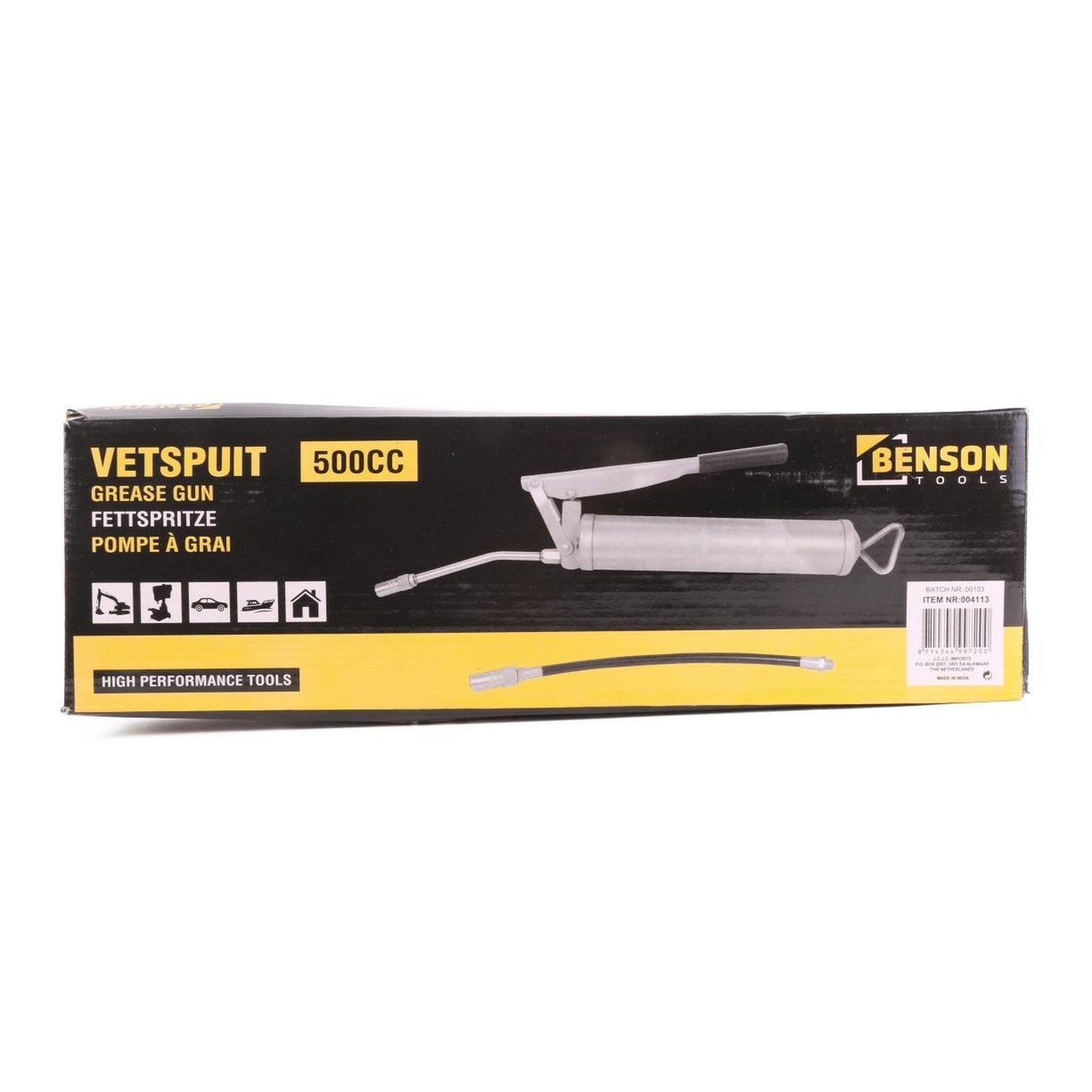 Produktverpackung einer Handhebel-Fettpresse, abgebildet mit Zylinder, Griff und Leitung, daneben ein schwarzer flexibler Schlauch, Verpackung mit Aufschrift „Benson Tools, 500CC Grease Gun“.