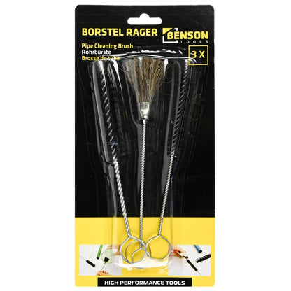 Drei Rohrbürsten mit ringförmigen Metallgriffen und gemeinsamem Schlüsselring, verpackt in einer schwarzen Blisterverpackung mit Sichtfenster. Oben ist das Markenlogo „BENSON TOOLS“ abgebildet sowie der Begriff „Rohrbürste“ in vier Sprachen (Niederländisch, Englisch, Deutsch, Französisch). Unten befindet sich ein gelber Streifen mit kleinen Anwendungsbildern