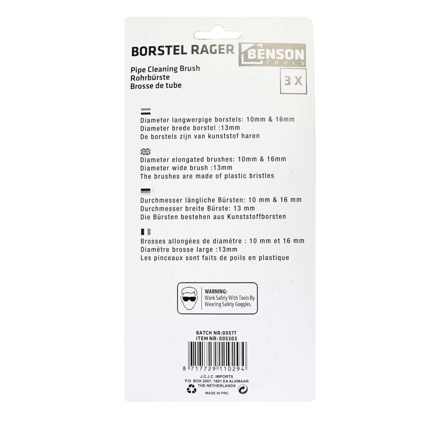Rückseite der Verpackung eines 3-teiligen Rohrbürstensets, gerade von vorne fotografiert auf weißem Hintergrund. Oben steht „Rohrbürste“ in vier Sprachen. Es folgen Angaben zu den Durchmessern: 10 mm und 16 mm für die langen Bürsten, 13 mm für die breite Bürste. Es wird erwähnt, dass die Bürsten aus Kunststoffborsten bestehen. Unten befinden sich ein Warnhinweis zur Arbeitssicherheit mit Schutzbrille, die Artikelnummer und ein Barcode
