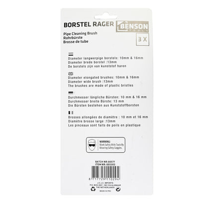 Rückseite der Verpackung eines 3-teiligen Rohrbürstensets, gerade von vorne fotografiert auf weißem Hintergrund. Oben steht „Rohrbürste“ in vier Sprachen. Es folgen Angaben zu den Durchmessern: 10 mm und 16 mm für die langen Bürsten, 13 mm für die breite Bürste. Es wird erwähnt, dass die Bürsten aus Kunststoffborsten bestehen. Unten befinden sich ein Warnhinweis zur Arbeitssicherheit mit Schutzbrille, die Artikelnummer und ein Barcode