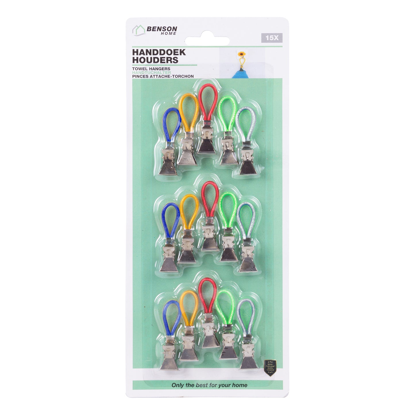 Verpackung mit 15 farbigen Handtuchhaltern aus Metall und gummierten Schlaufen auf hellgrüner Karte mit transparenter Kunststoffabdeckung.