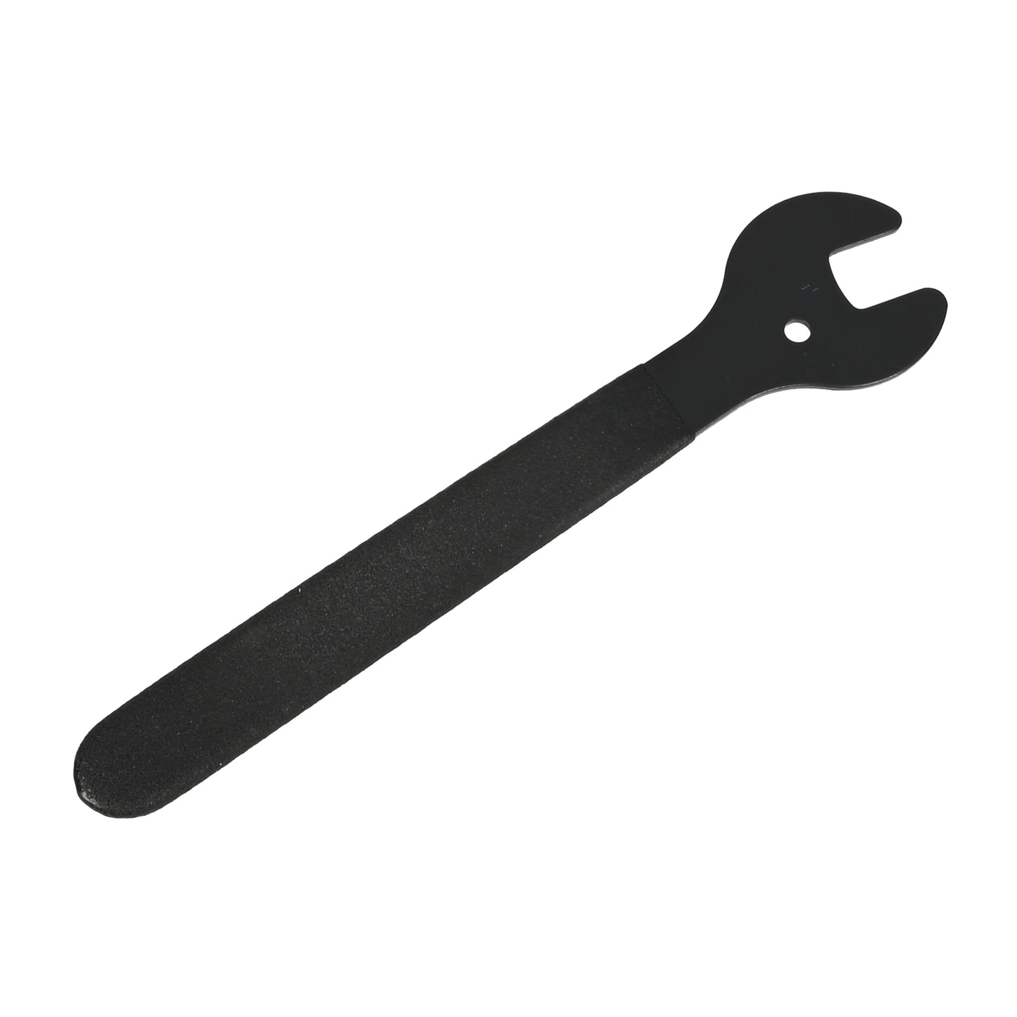 Schwarzer Metallschlüssel mit flachem Griff und offenem Maulkopf mit rundem Loch in der Mitte, schräg auf weißem Hintergrund liegend.