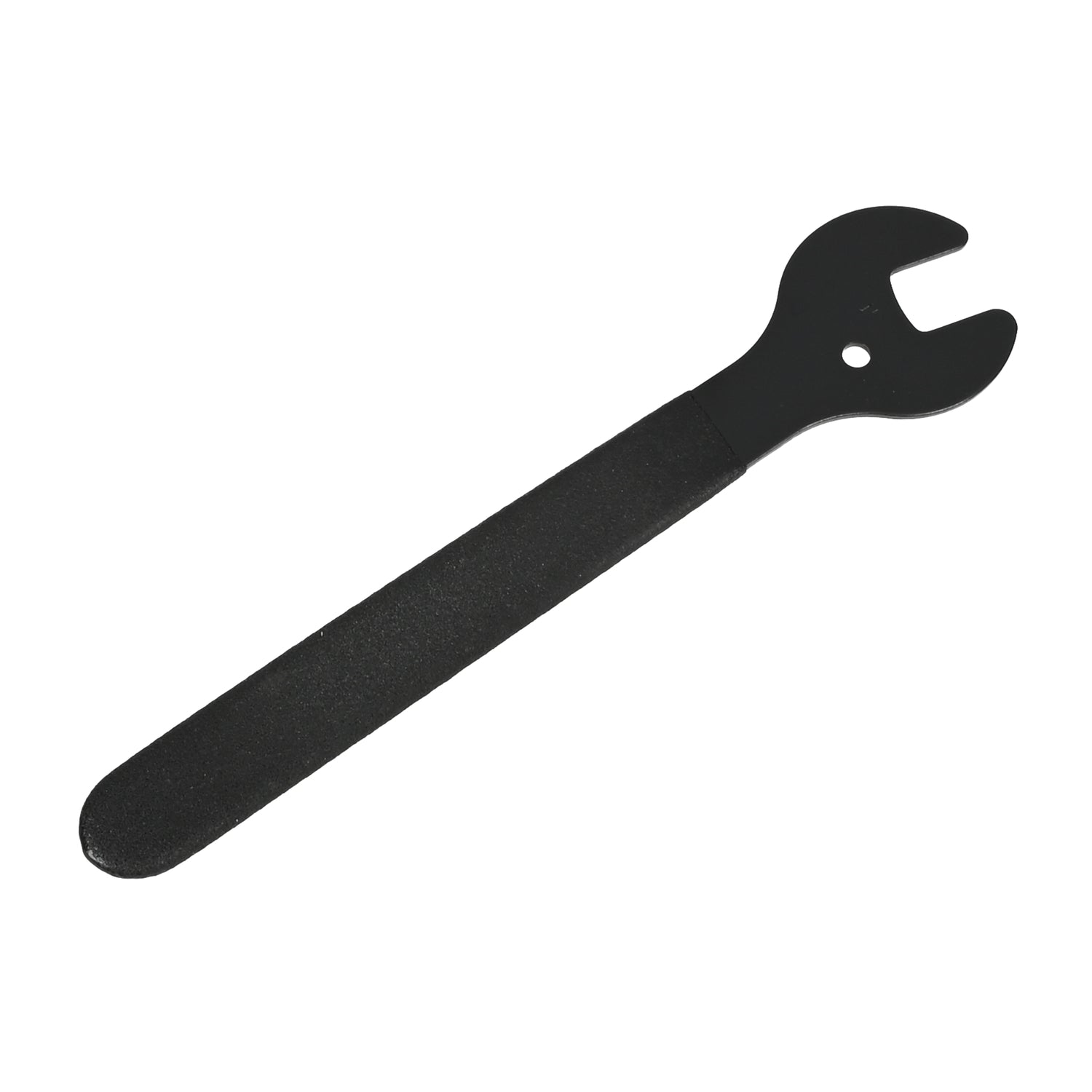 Schwarzer Metallschlüssel mit flachem Griff und offenem Maulkopf mit rundem Loch in der Mitte, schräg auf weißem Hintergrund liegend.