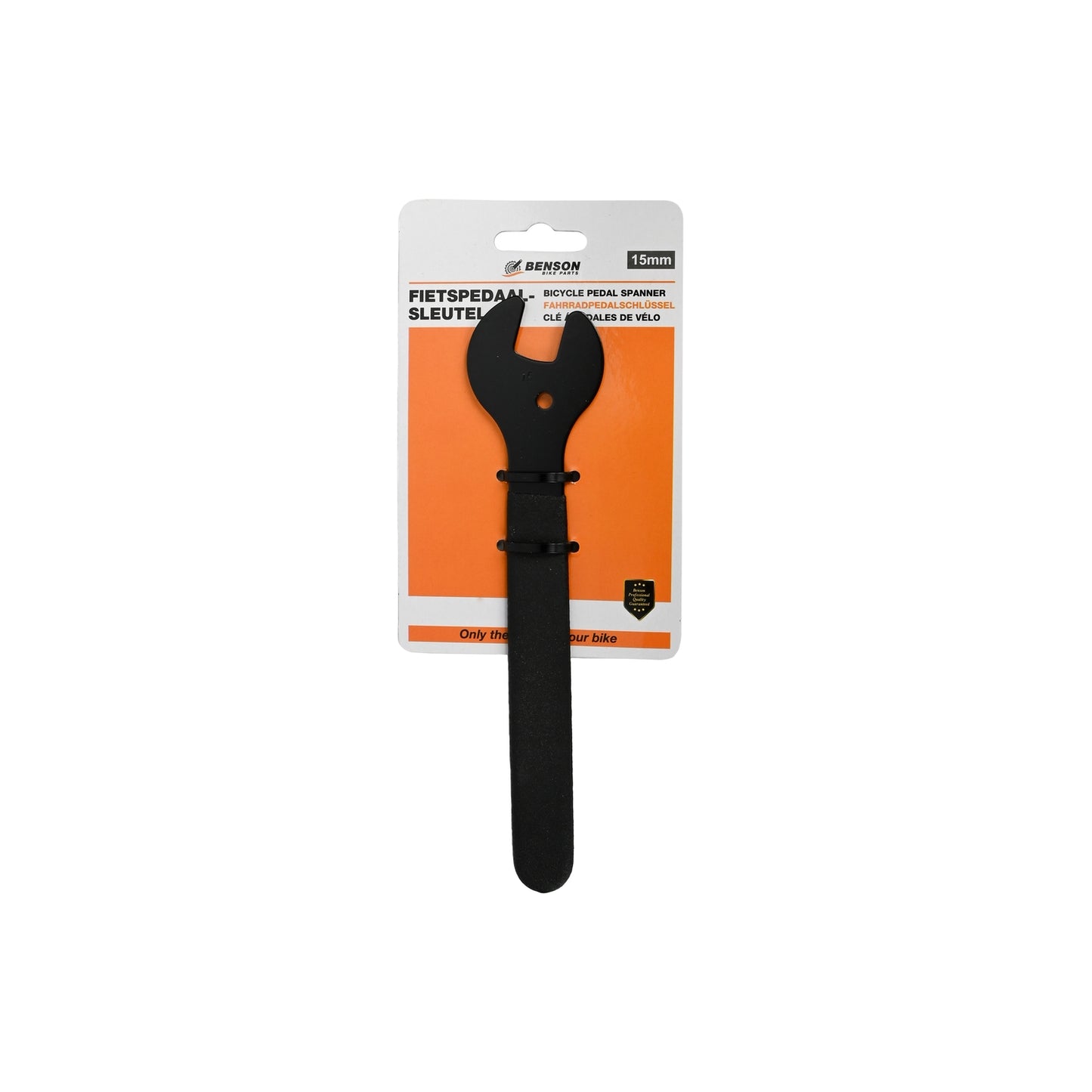 Schwarzer Maulschlüssel mit flachem Griff in Blisterverpackung auf orange-weißem Karton mit Aufhängelasche und mehrsprachiger Beschriftung.