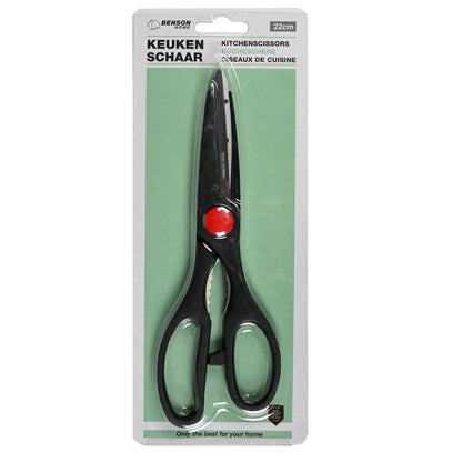 Schwarze Haushaltsschere mit rotem Gelenkpunk­t in transparenter Blisterverpackung auf grünem Karton, oben mit Aufhängelasche und mehrsprachiger Beschriftung.