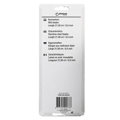 Rückseite einer rechteckigen Verpackung mit weißem Hintergrund und mehrsprachigen Textelementen zu Produkteigenschaften sowie einem Barcode unten mittig.