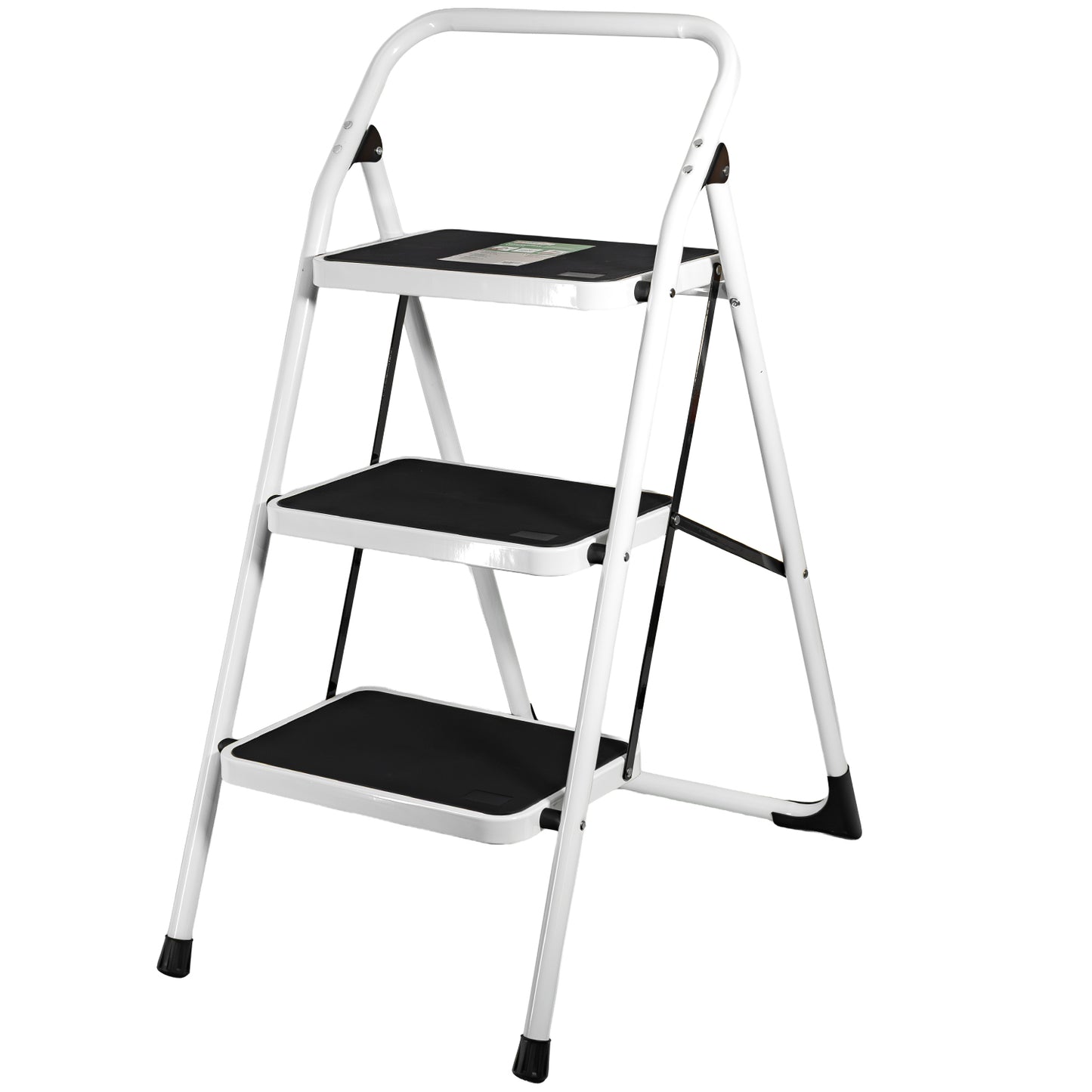 Weiße Klappleiter mit drei schwarzen Stufen und abgerundetem Haltegriff, aufgestellt in geöffneter Position.