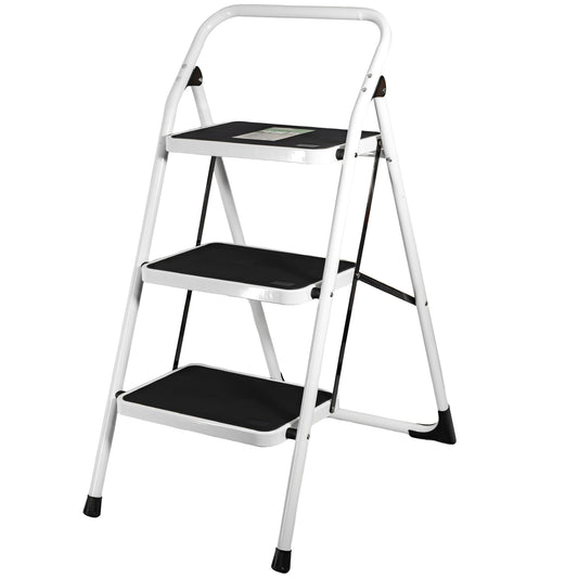 Weiße Klappleiter mit drei schwarzen Stufen und abgerundetem Haltegriff, aufgestellt in geöffneter Position.