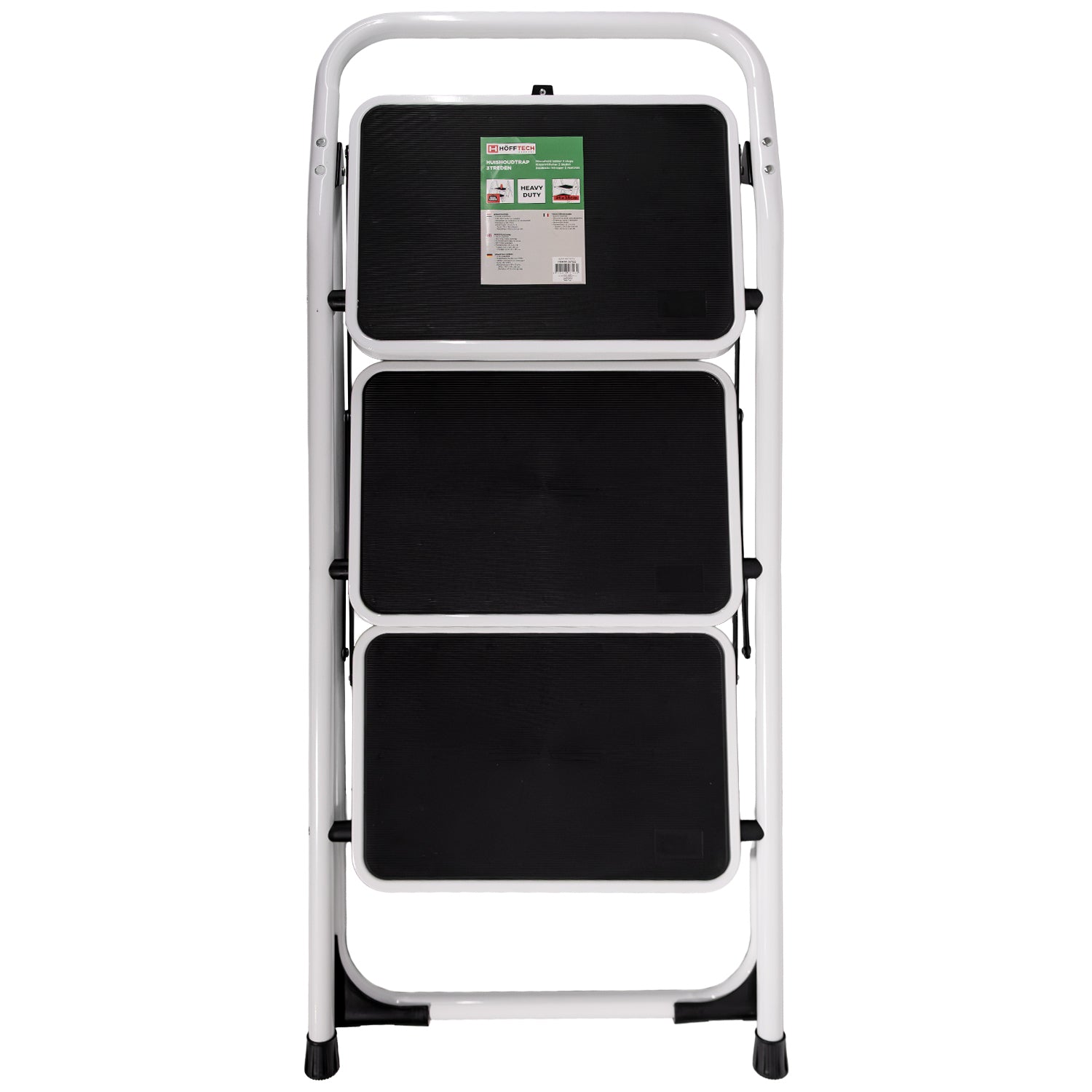 Zusammengeklappte dreistufige Leiter mit schwarzer Trittfläche und Produktetikett auf der obersten Stufe.