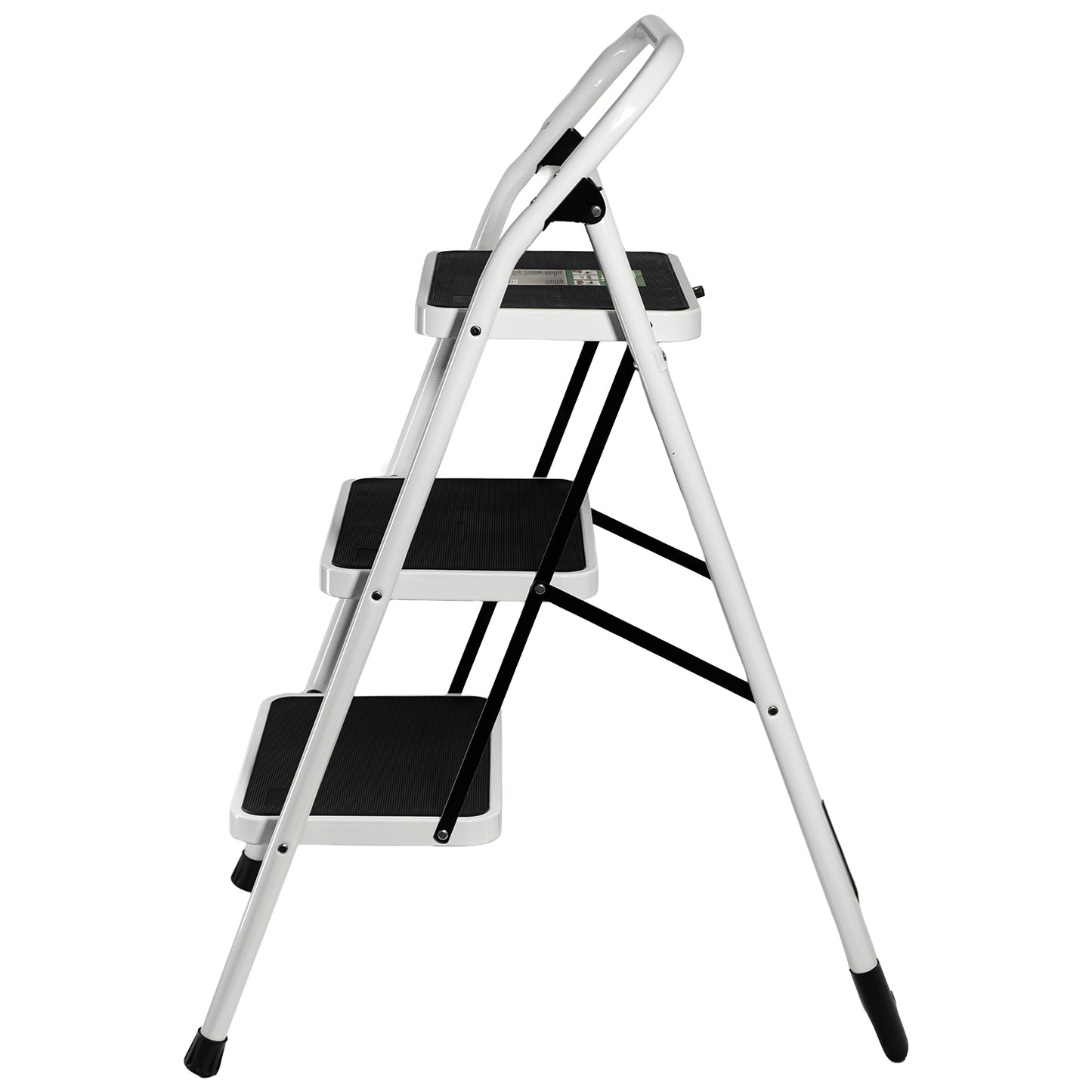 Seitenansicht einer weißen Klappleiter mit drei schwarzen Stufen und Querstreben zur Stabilisierung.