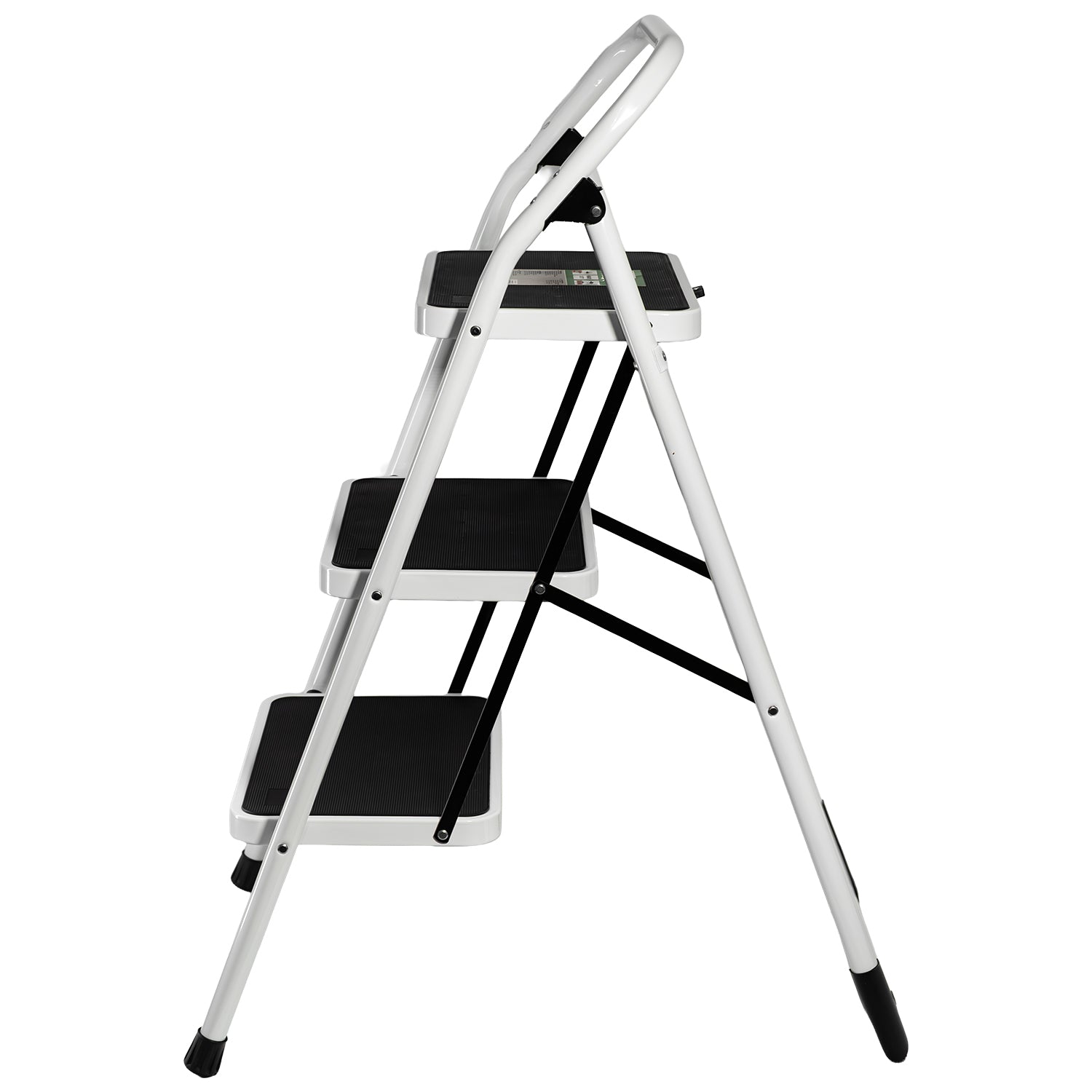 Seitenansicht einer weißen Klappleiter mit drei schwarzen Stufen und Querstreben zur Stabilisierung.