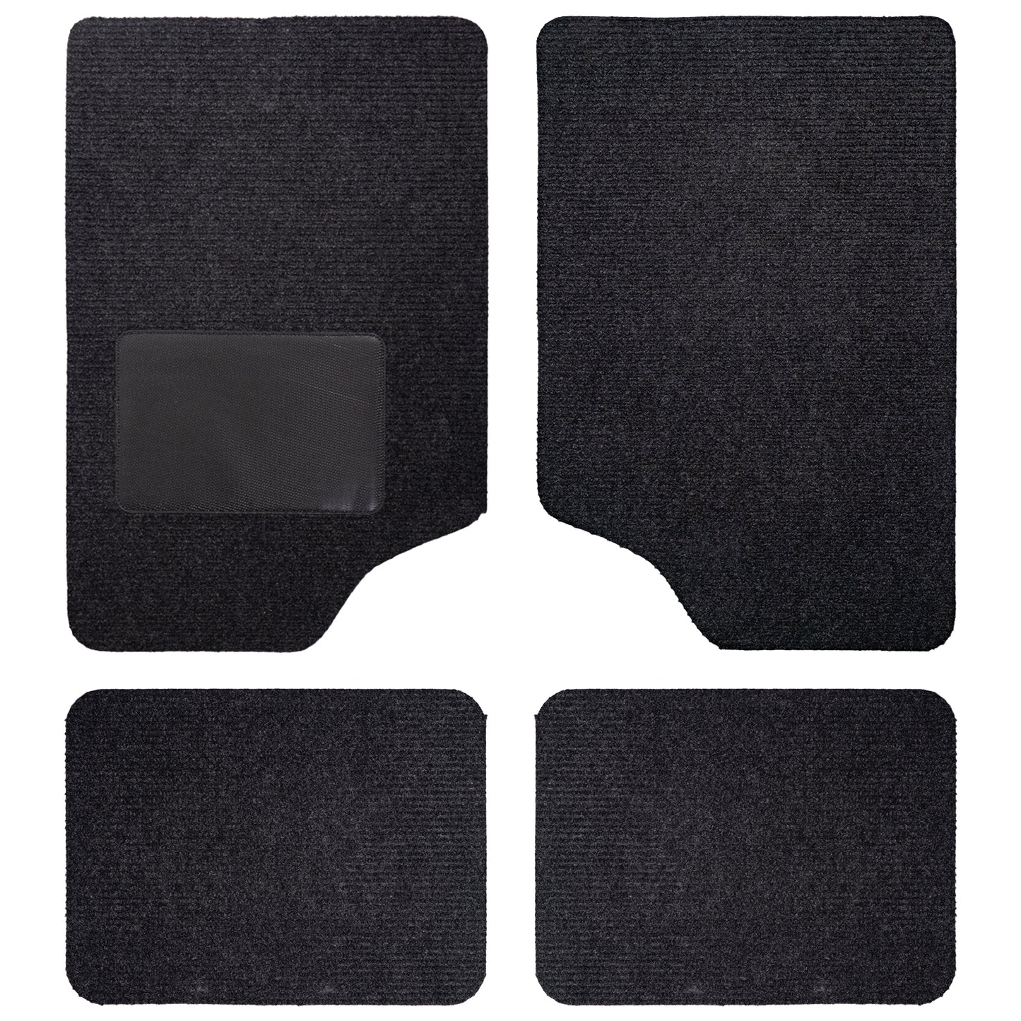 Set aus vier schwarzen Auto-Fußmatten, bestehend aus zwei größeren vorderen und zwei kleineren hinteren Matten, eine davon mit Fersenverstärkung.