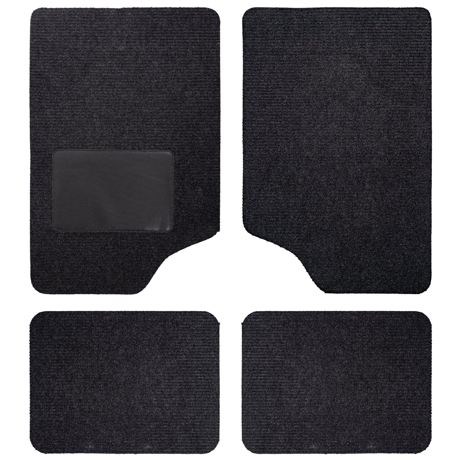 Set aus vier schwarzen Auto-Fußmatten, bestehend aus zwei größeren vorderen und zwei kleineren hinteren Matten, eine davon mit Fersenverstärkung.