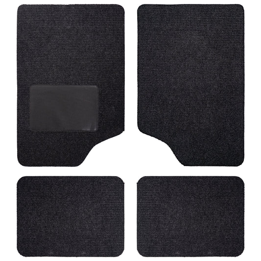 Set aus vier schwarzen Auto-Fußmatten, bestehend aus zwei größeren vorderen und zwei kleineren hinteren Matten, eine davon mit Fersenverstärkung.