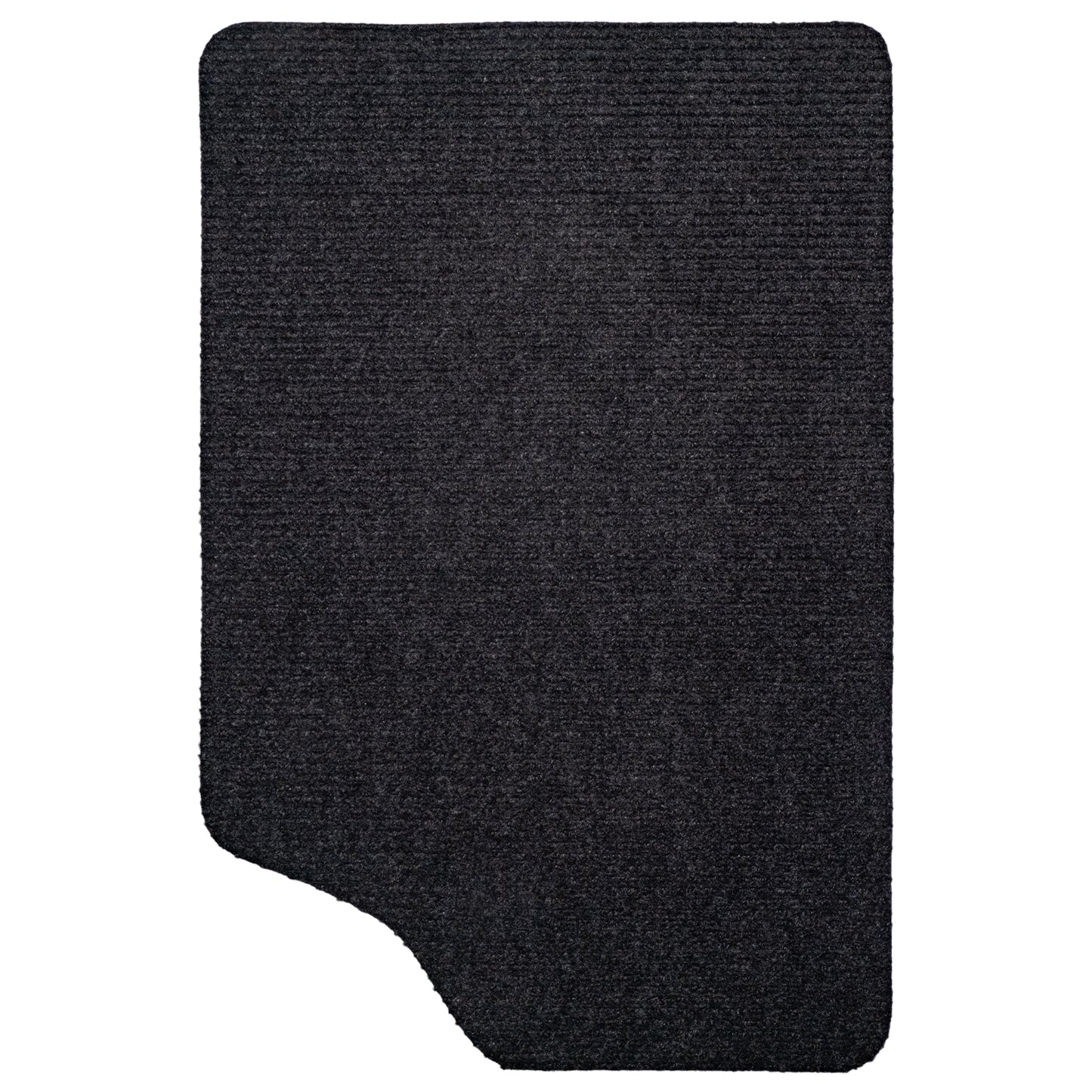 Schwarze Auto-Fußmatte ohne Verstärkung mit leicht asymmetrischer Form und abgerundeten Ecken.