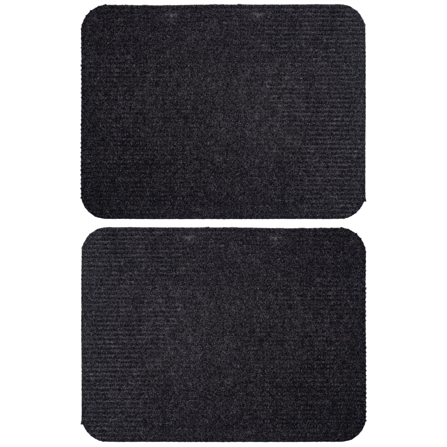 Zwei identische kleinere schwarze Auto-Fußmatten mit rechteckiger Form und abgerundeten Ecken, nebeneinander angeordnet
