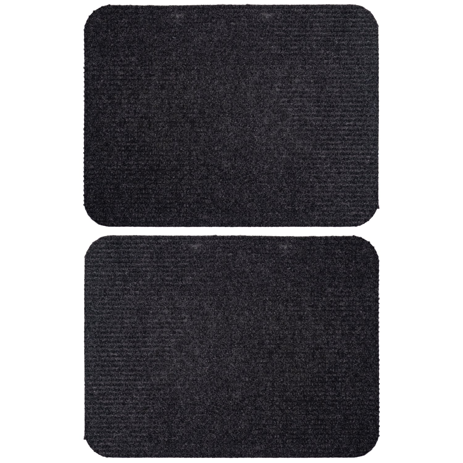 Zwei identische kleinere schwarze Auto-Fußmatten mit rechteckiger Form und abgerundeten Ecken, nebeneinander angeordnet