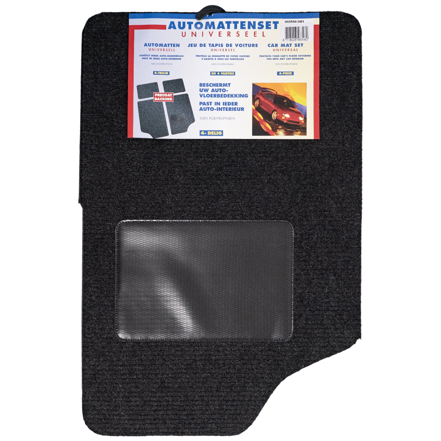 Vorderansicht einer Auto-Fußmatte mit Fersenverstärkung und Verpackungsetikett mit Produktinformationen und Fahrzeugabbildung.